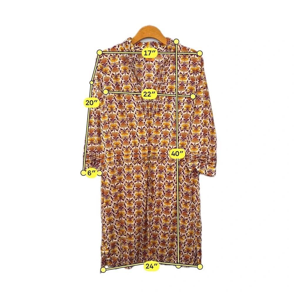 Tory Burch Tunic Dress Women 12 Orange Floral Cotton V-Neck Long Sleeve Boho